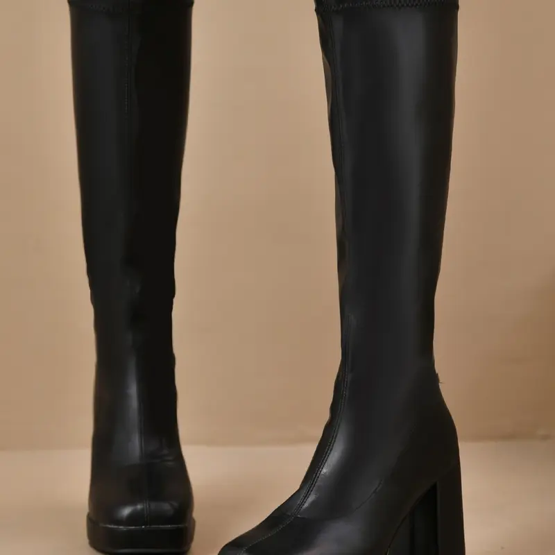 Women's PU Leather Knee Boots, Sexy Square Toe Design, Comfortable Chunky Heel High Heels, Elegant Shoes for Various Occasions