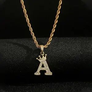 Waterproof & Fade-resistant Titanium Steel Inlaid Zircon 26 English Alphabet Crown Pendant Necklace 41cm-50cm Chain Length Fashionable Extendable Stainless Steel Electroplating Casual Office Style