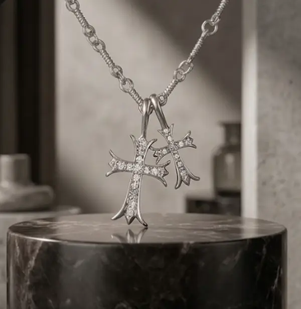 Y2K Gothic Double Cross Pendant Necklace, Pavé Rhinestones, Textured Silver Chain, Premium Metallic Sheen, Vintage Streetwear Statement Jewelry for Men & Women