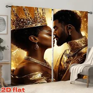 2D Flat 2Pcs African Black Couple Print Curtains, King and Queen Golden Theme Drapes, Semi-Sunshade Privacy Window Treatment for Living Room, Bedroom, Balcony, Kitchen, Study Decor, Christmas Gift Decoration