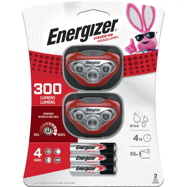 Energizer Vision HD 300 Lumen LED Headlamps with Stretch Band - Low Brightness Setting, Alkaline AAA Batteries Included (2-Pack) for Biking, Home Improvement Portable Lighting, Adults