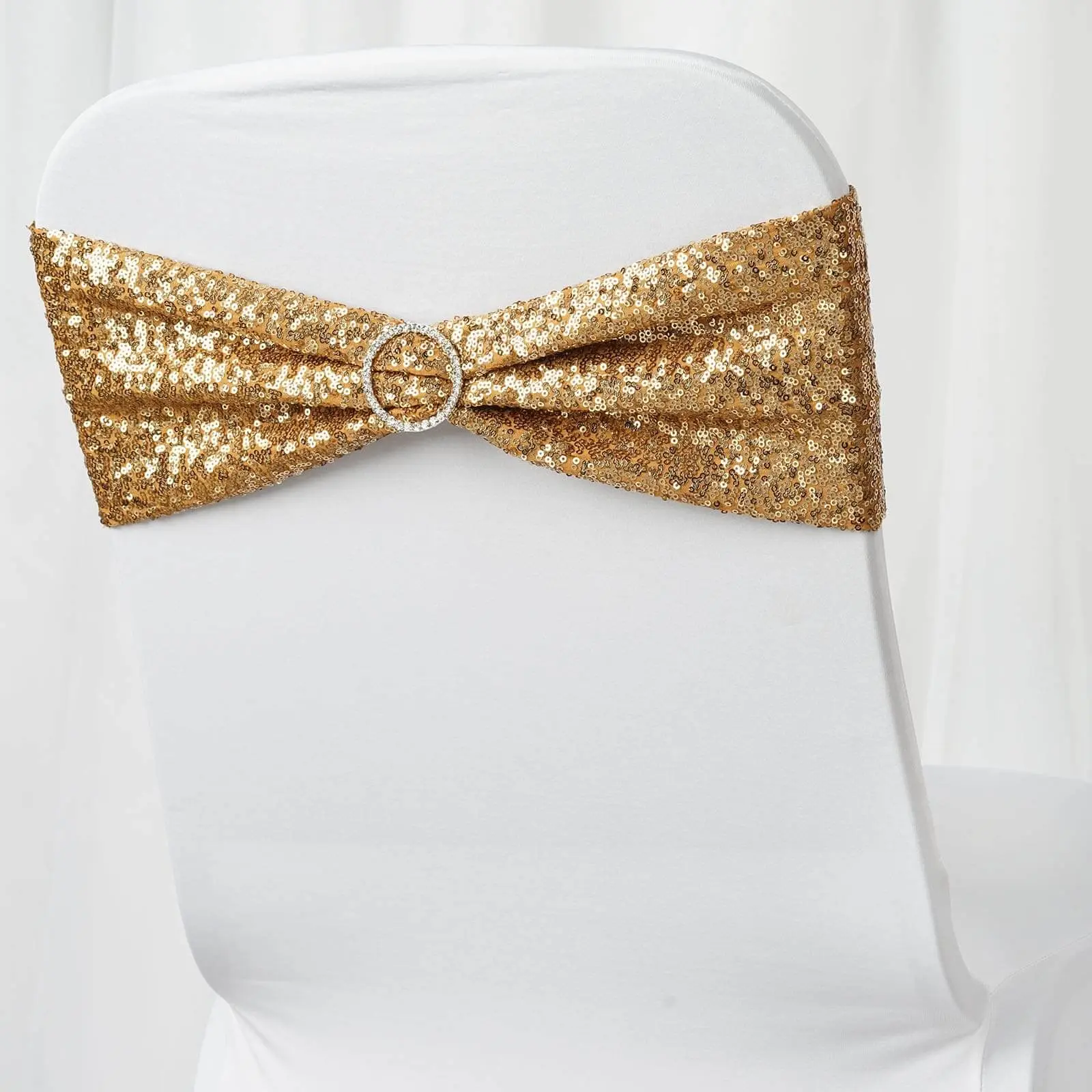 5 Pack Gold Sequin Spandex Chair Sashes - 6"x15" Stretch Bands, Glam Decoration Accessories for Events, Banquets, Gold Dining Chair Slipcovers, Party