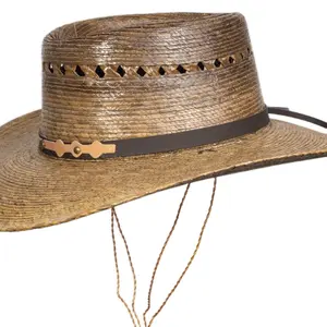 Mexart Mexican Palm Leaf Cowboy Hat with Chin Strap Dark Natural Straw Wide Brim Sombrero Baquero de Palma Oscuro Natural One Size Fits All Sustainable Materials