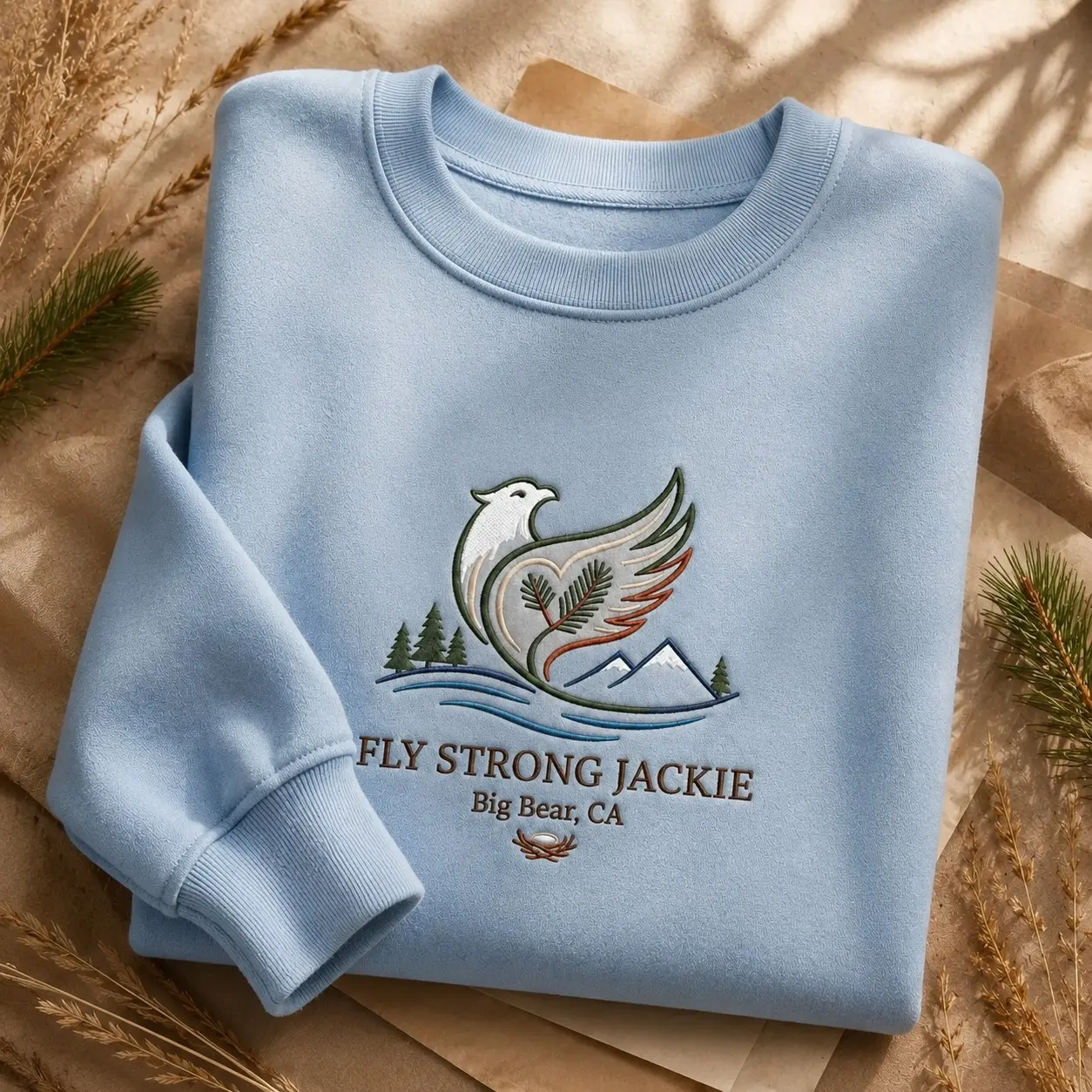 Embroidered Fly Strong Jackie Big Bear Eagle Women Crewneck Sweatshirt Nature Hike, Cozy Wildlife Autumn Fleece Pullover Bird Lover Gift