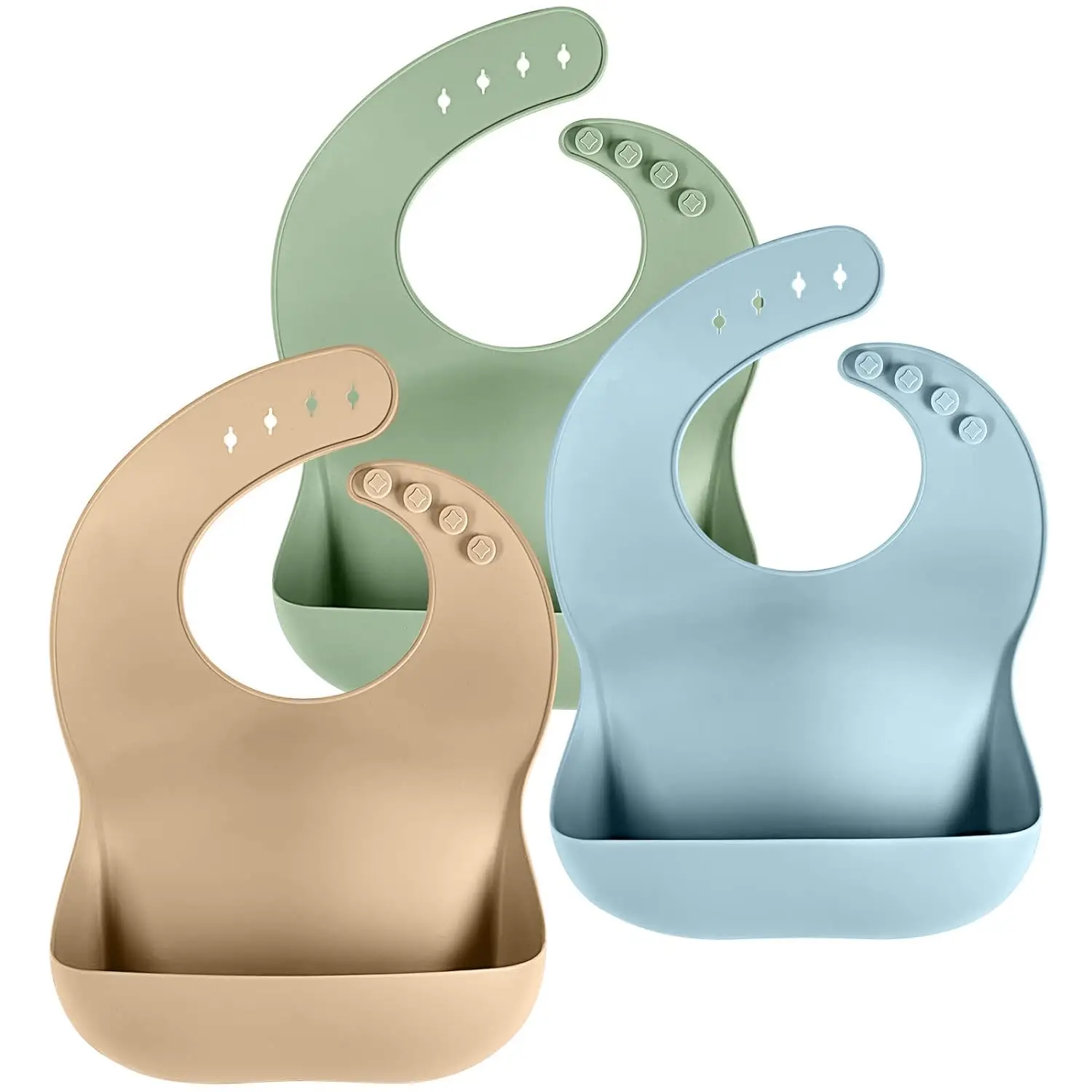 3 Soft Silicone Bibs & Toddlers with Adjustable Strap and Food Catcher Pocket - Neutral Colors Waterproof Cleaning