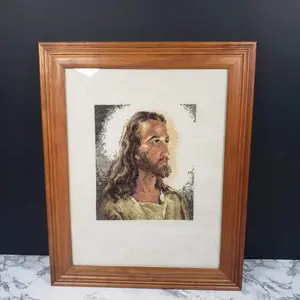 Framed Needlepoint Jesus Detailed Handmade Vintage