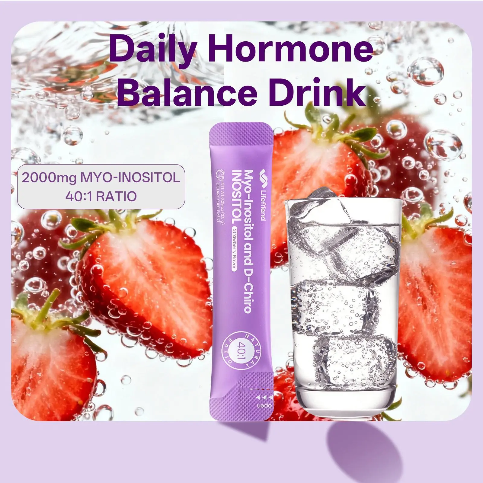 Lifefriend Women's Hormone Balance Dietary Supplement Drink Mix, 7 Sticks – Strawberry Flavor Inositol Powder with 2000mg Myo-Inositol + D-Chiro 40:1 Ratio, Vitamin D, Folate for Cycle Support
