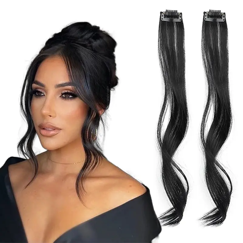 Long Side Air Bangs, 14-inch Long Wavy Curly Clip-in Bangs, Front Side Bangs for Women, Daily Use, 2 PCS Synthetic Long Temples Bangs