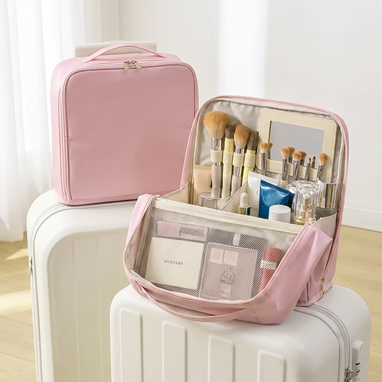 Travel Makeup Bag with Luggage Strap, Minimalist Vanity Organizer Case, Waterproof Cosmetic and Toiletry Organizer pouch large handbag portable organization storage beauty