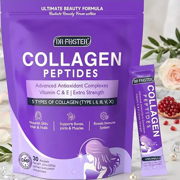 Collagen Peptides Powder Packets - Multi Type I II III V X Collagen for Women with Antioxidant Blend, Vitamin C & E - Supports Skin Hair Nails & Joints - Non-GMO, 30 Stick Packs