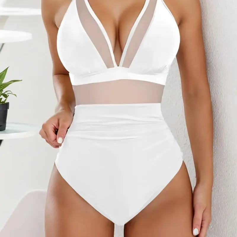 Women's Sexy Mesh Patchwork One-Piece Swimsuit, Summer Beach Vacation Fashion Swimwear, Ladies Stylish Monokini Bathing Suit, High Waisted Swimsuit, Stretchy Swimwear, Fashionable Swimsuit