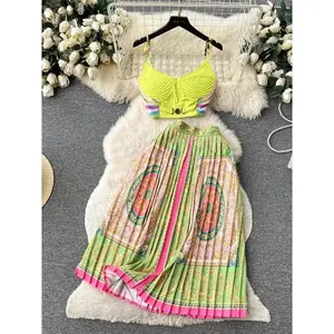 Women’s Summer Two-Piece Set – Simple spaghetti-strap crop top with metal buckle embroidery + pleated midi skirt