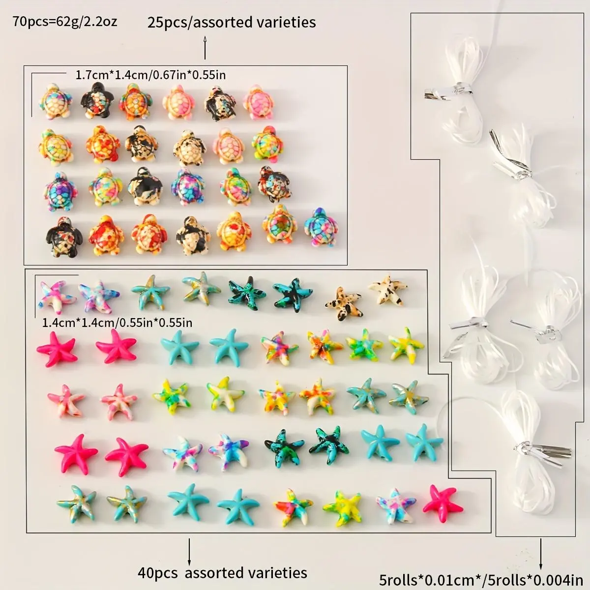 70 Piece Turtle and Starfish Bead Kit 25 Turtle Beads and 40 Starfish Beads with 5 Bundles of Clear String, Assorted Colorful Ocean Beads for DIY Bracelets, Anklets, Necklaces, Beach Jewelry Making and Creative Craft Projects