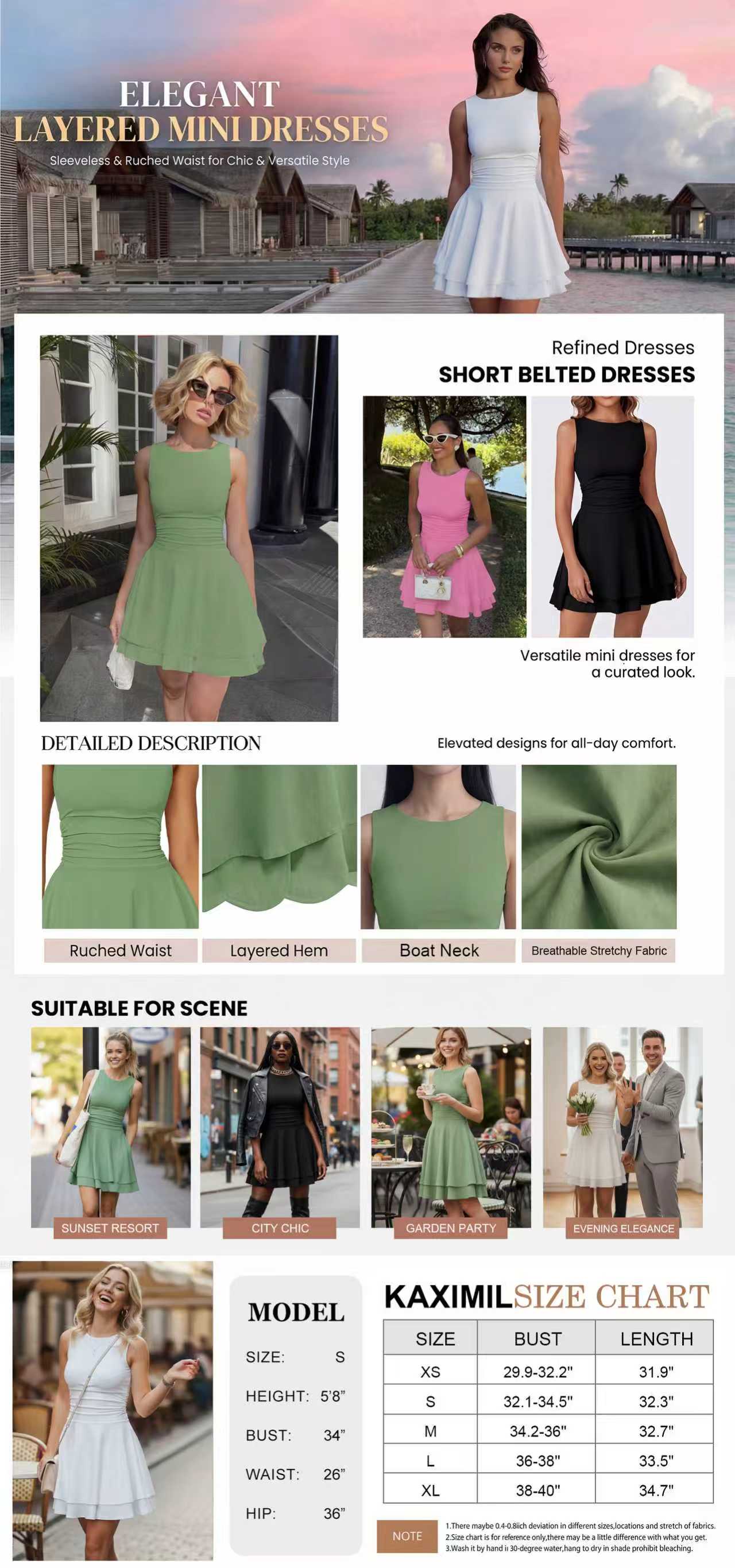 Kaximil Women's Athletic Fabric Mini Dress - Ruched Tummy Control A-Line Dress, Ruffle Hem Sleeveless Boat Neck Party Dress for Spring Break, Graduation & Homecoming Kaximil Women's Athletic Fabric Mini Dress - Ruched Tummy Control A-Line Dress, Ruffle Hem Sleeveless Boat Neck Party Dress for Spring Break, Graduation & Homecoming