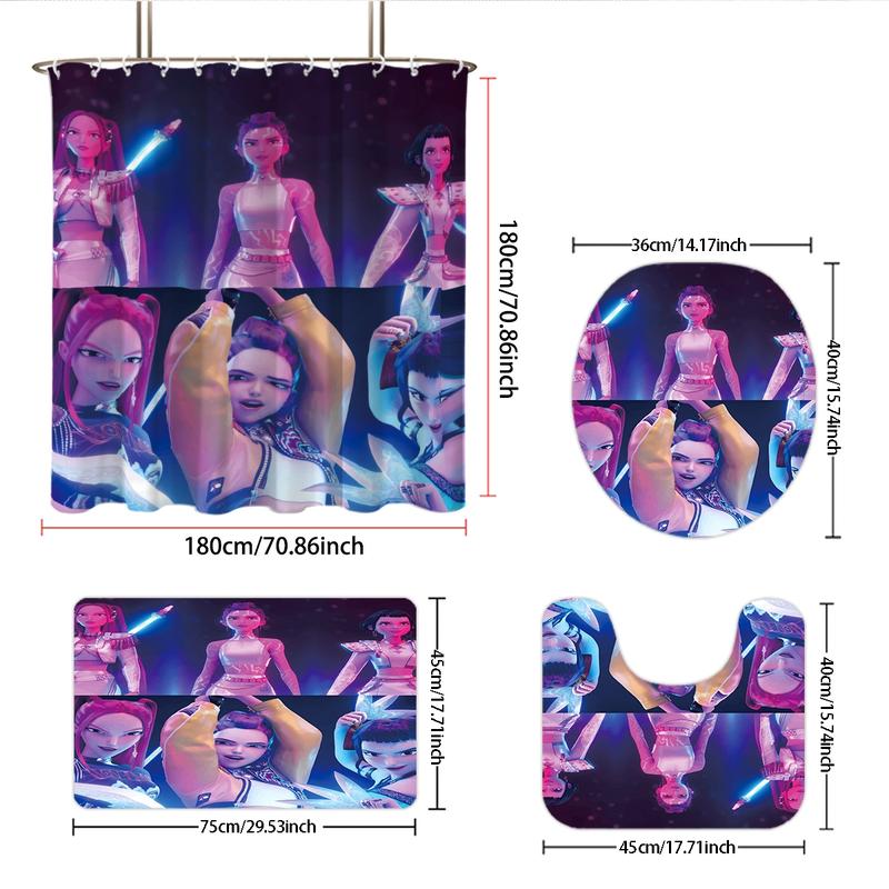 K-Pop Demon Hunters Bathroom Set, Shower Curtain with Hooks, Non-Slip Bath Rug, U-Shaped Toilet Mat, Toilet Lid Cover, Bathroom Decoration Accessories