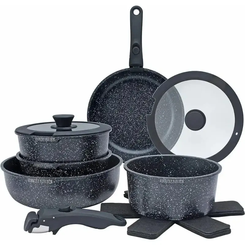 Country Kitchen 13 Piece Pots and Pans Set - Nonstick Cookware with Removable Handle, RV and Oven Safe