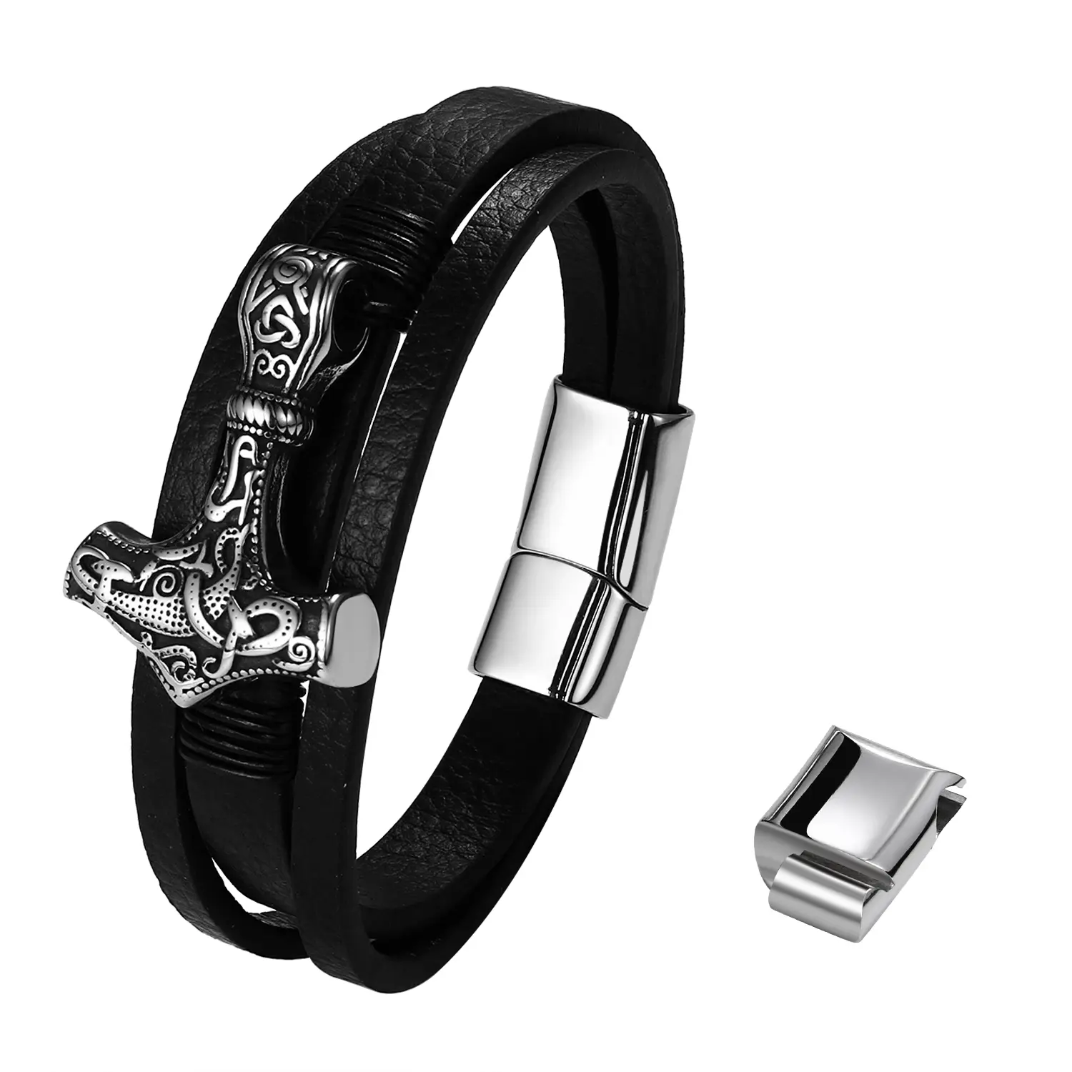 OIDEA Viking Thor Hammer Leather Bracelet for Men, Stainless Steel Mjolnir Charm Braided Multi Layer Adjustable Norse Jewelry Gift
