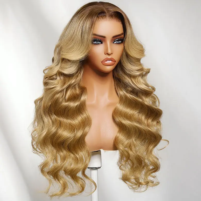 UNice 7x5 Glueless Human Hair Lace Closure Wig, Honey Blonde with Brown Roots Hair Body Wave, Life-Like Wig with Face-Framing Layers, Honey Bronde Wig