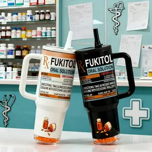 Auracup 1 Pc 40oz insulated mug, Stainless steel tumbler, pharmacy label print, double wall vacuum cup, leak proof travel thermal mug with handle, keeps drinks hot 12 hours and cold 24 hours, two color options, gag gift for women and men