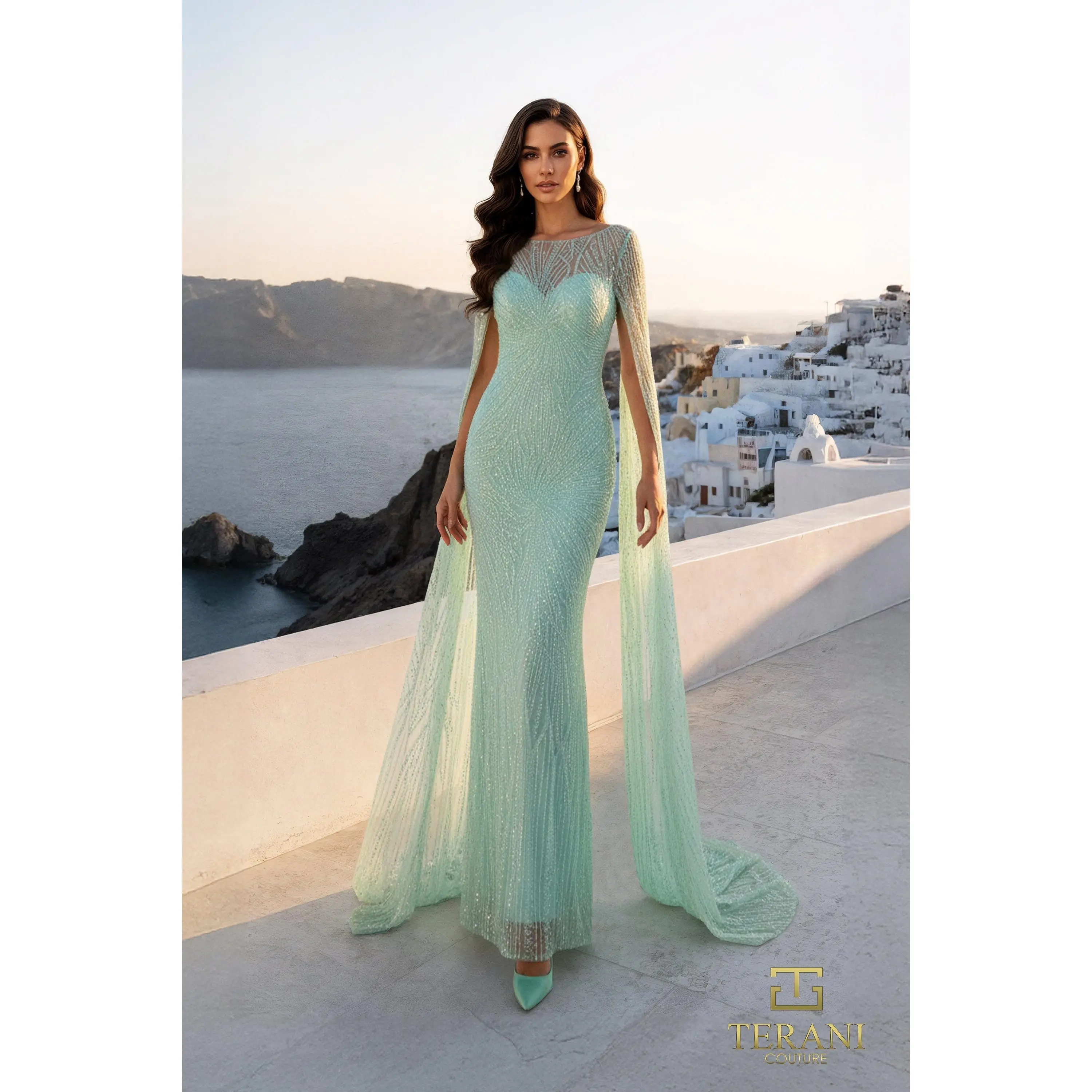TERANI 261M6471 Dress Illusion Neck Beaded Tulle Column Gown with Sheer Cape Sleeves
