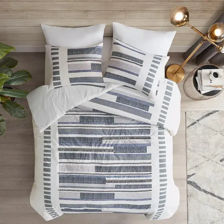 Cotton Percale Fringed Comforter/Duvet Cover Set, Navy