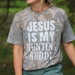 Jesus Is My Hunting Buddy Camo T-Shirt, Christian Faith Graphic Tee, Outdoor Hunting Apparel, Casual Outfit for Men Women