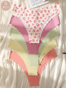 5 pieces of women's fit seamless underwear with wavy edge V-shaped waist design, women's triangle panties, comfortable, soft, breathable, suitable for daily wear, Floral Print Panty, Soft Comfy Panties