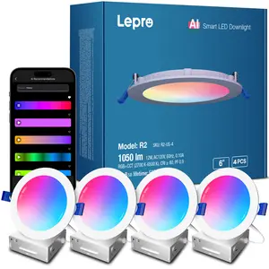Lepro R2 6 inches AI Smart LED Recessed Light, 12W 1050 Lumens Dimmable RGBCW Wafer Lights, Music Sync, Smart Canless Downlights Work Alexa & Google Assistant