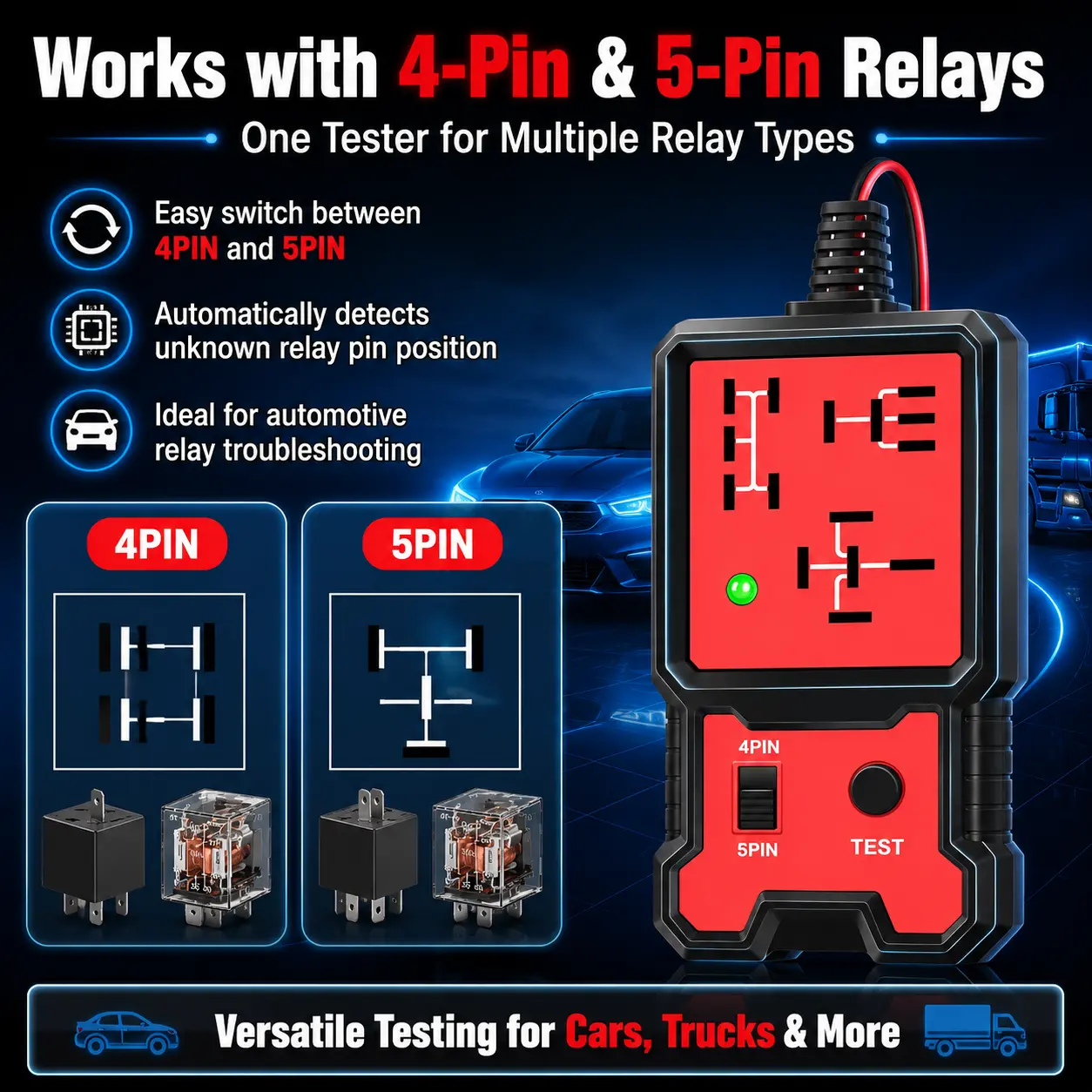 LED Indicator Light Car Battery Tester, Automotive Electronic Relay Testing Device, Universal 12V Relay Tester without Battery