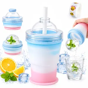 2-in-1 Foldable Ice Hockey Cup with Straw & Stickers Silicone Ice Cube Beverage Cup with Ice Ball Mold Leak Proof Lid Portable for Freezer Travel Gym & Home Use