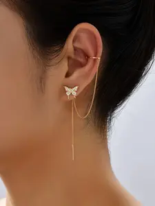 Butterfly Chain Fringe Micro Crystal Ear Clips Set for Women, High Quality Earrings, Elegant Jewelry Accessories, Perfect Gift Idea, Unique Design Earrings
