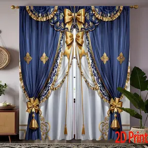 2pc2D printed European-style romantic blue and gold luxury curtains/door curtains, no valance required. A perfect gift for friends, suitable for dormitories, bedrooms, living rooms, kitchens, dining rooms, studies, cafes, apartments, hotels and home décor