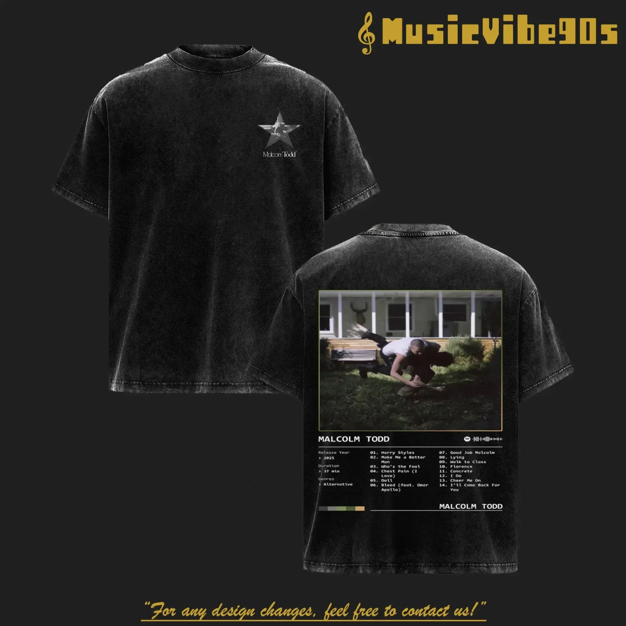 Malcolm Todd Vintage Washed T-Shirt, Star Portrait Graphic Tee Pullover with Tracklist Design, Oversized Black Heavyweight Streetwear Apparel for Men Women Music Fans
