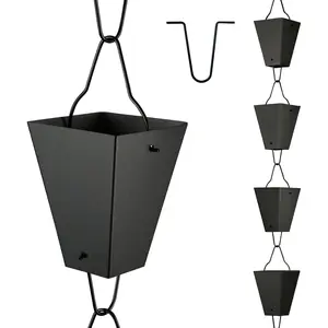 8.5 Feet 3.7inch Big Size Cup Rain Chain, Black Powder Coated, Functional and Decorative Gutter Downspout Replacement with V Gutter Clip Included