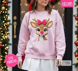 Coquette Faux Crochet Reindeer Sweatshirt, Trendy Women's Christmas Crewneck