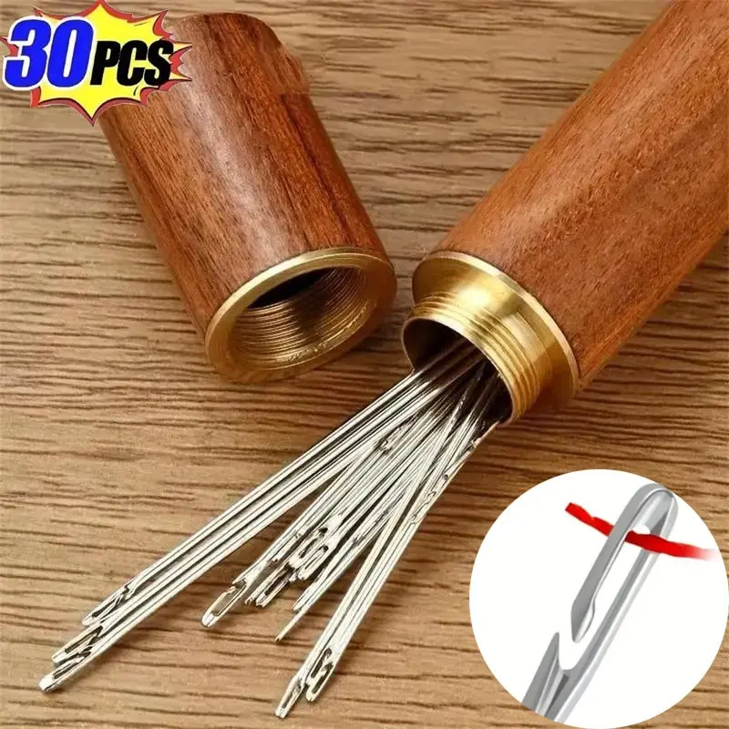 Stainless Steel Self-threading Needle Set, 30pcs/set Multipurpose Household Hand Sewing Needle with Wooden Needle Case, Sewing Supplies for Home Use, Needle Crafts Kit, Steel Needles Set, Sewing Kits, Sew Supply