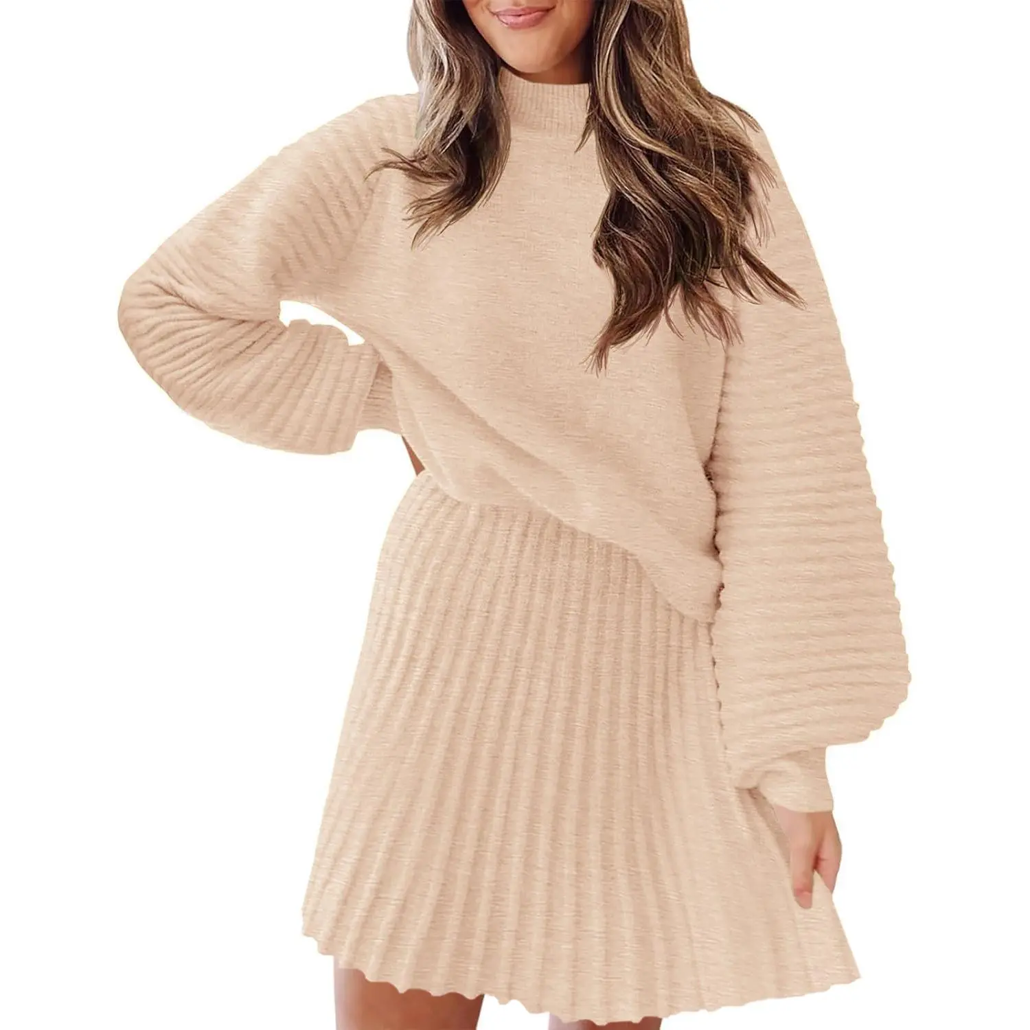 Imily Bela Women's 2 Piece Outfits 2025 Long Sleeve Mock Neck Ribbed Sweaters & Mini Skirt Set Soft Cozy Knitted Fabric Casual Everyday Wear