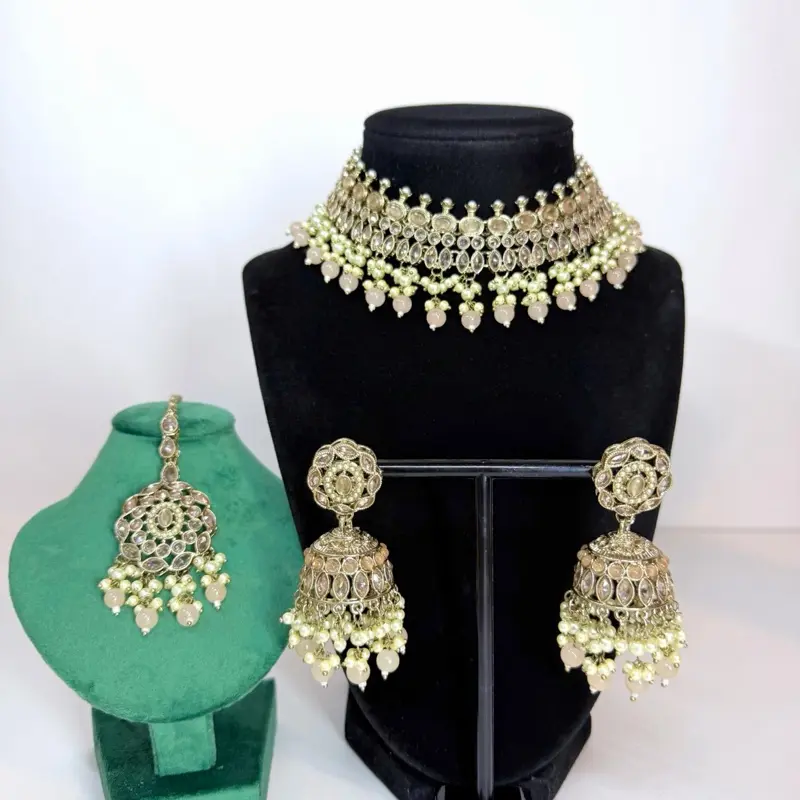 Desi Tania Choker Set with Jhumka and Tikka Elegant Beaded Necklace and Earings for Special Occasions