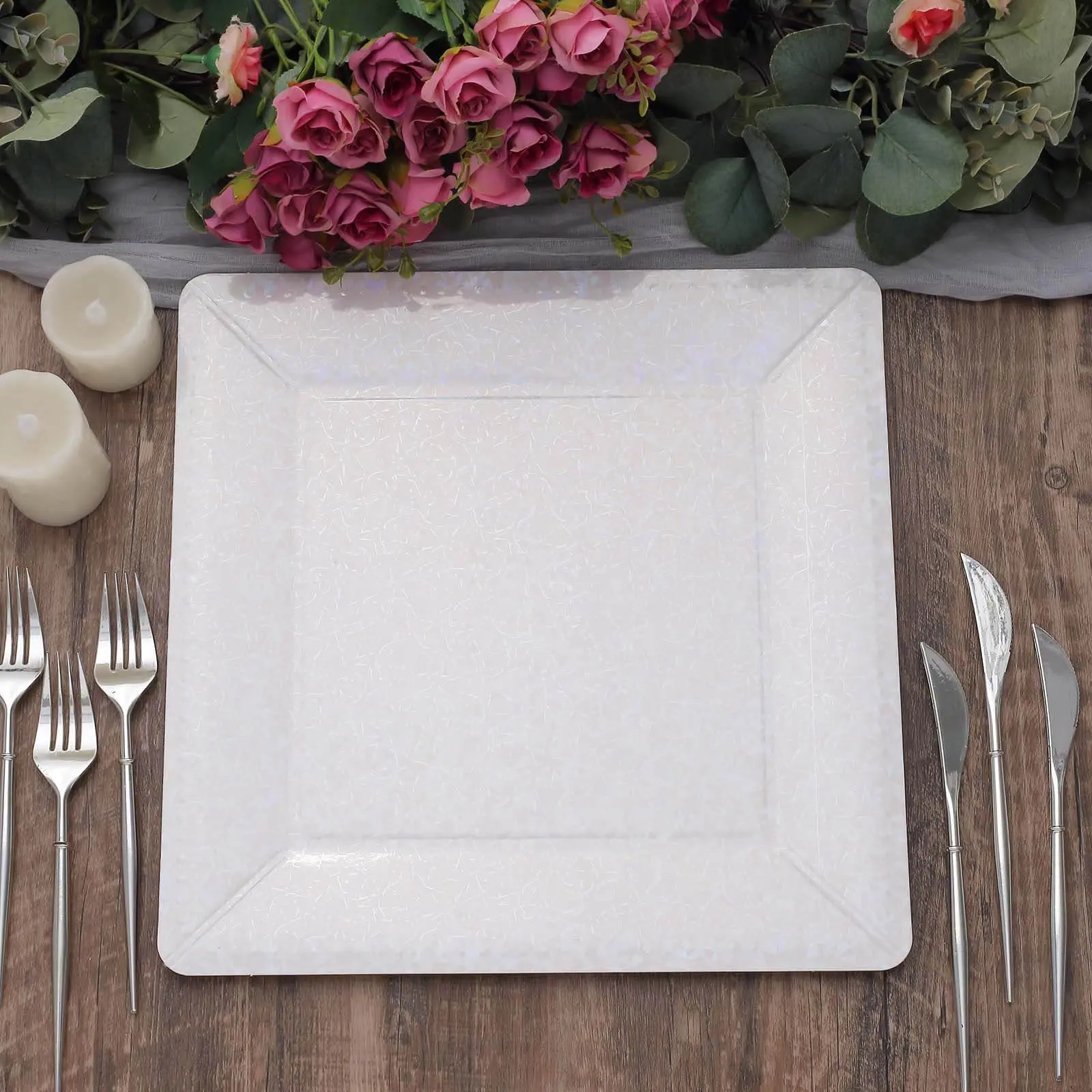 10-Pack Disposable Square Charger Plates, 13" Iridescent Leather-Like Texture, 1100GSM Sturdy Paper Chargers for Food Serving - Festive & Party Home Supplies