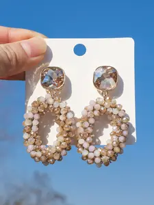 Handmade Beaded Crystal Teardrop Earrings, Artisanal Pink & Champagne Statement Earrings for Women, Elegant Square Crystal Top, Lightweight Design, Perfect for Weddings, Parties, Bridal Events & Daily Wear, Trendy Handcrafted Jewelry