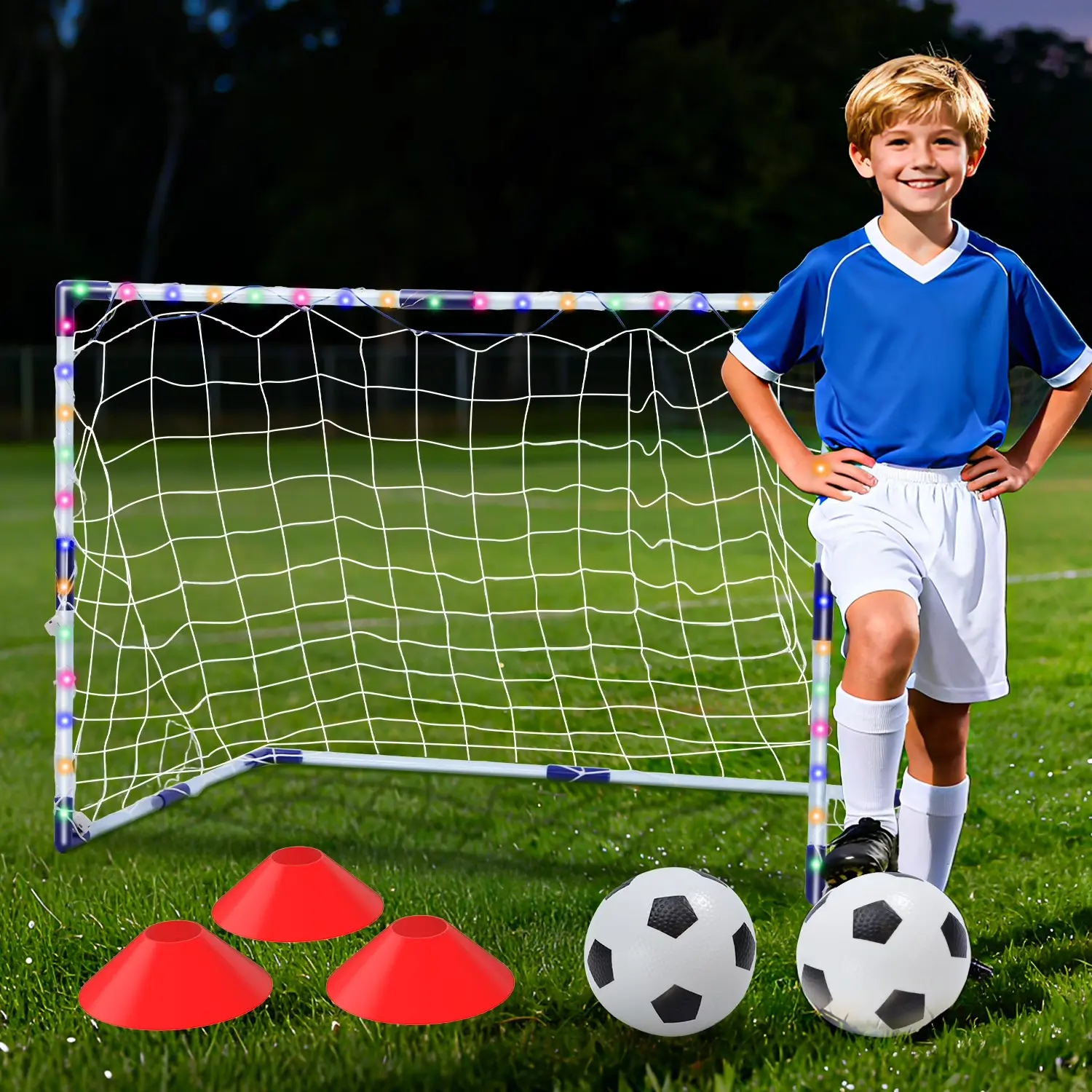 Light-Up Kids Soccer Goal Set for Backyard, Soccer Ball Game Toys with 2 Soccer Balls & 3 Cones, Outdoor Sports Game for Toddler Boys Girls outdoorfun, Wroldcup