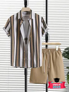Men's Striped Print Button Up Shirt & Drawstring Waist Shorts Set, Regular Fit Casual Short Sleeve Collared Top & Pocket Shorts, Men's Summer Clothes