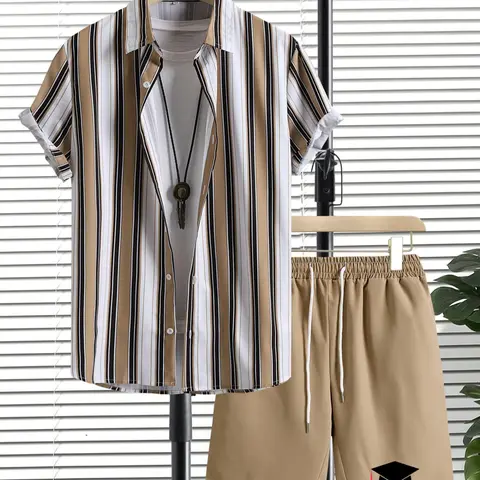 Men's Striped Print Button Up Shirt & Drawstring Waist Shorts Set, Regular Fit Casual Short Sleeve Collared Top & Pocket Shorts, Men's Summer Clothes