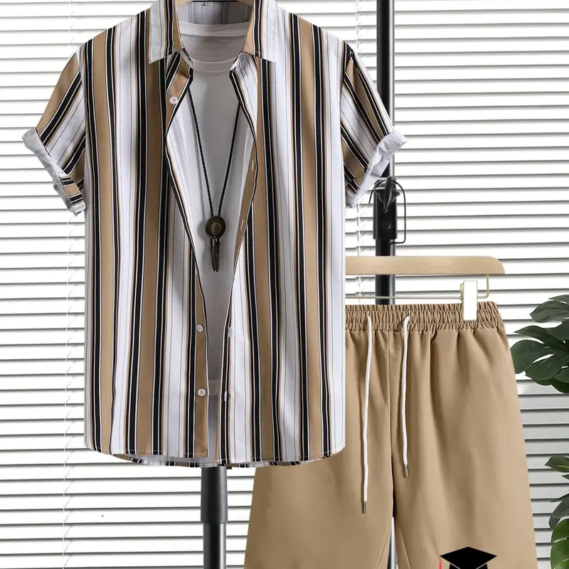Men's Striped Print Button Up Shirt & Drawstring Waist Shorts Set, Regular Fit Casual Short Sleeve Collared Top & Pocket Shorts, Men's Summer Clothes