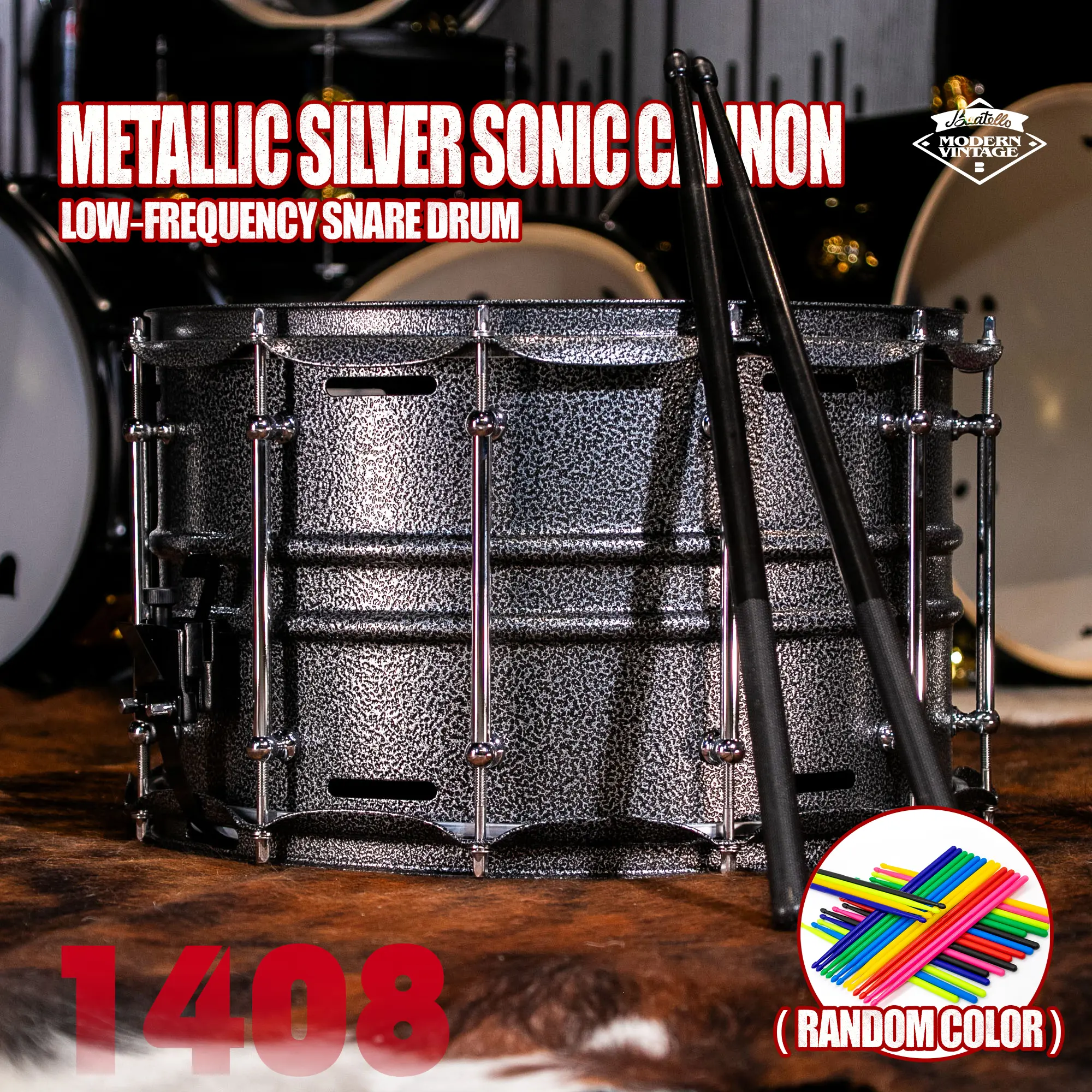 BEATELLO Metallic Silver Sonic Cannon-1408 Snare Drum, 14x8-inch deep drum cavity, carbon steel construction, includes random colored drumsticks, suitable for recording studios and stage performances. Low-Frequency