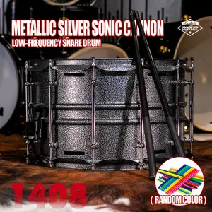 BEATELLO Metallic Silver Sonic Cannon-1408 Snare Drum, 14x8-inch deep drum cavity, carbon steel construction, includes random colored drumsticks, suitable for recording studios and stage performances. Low-Frequency
