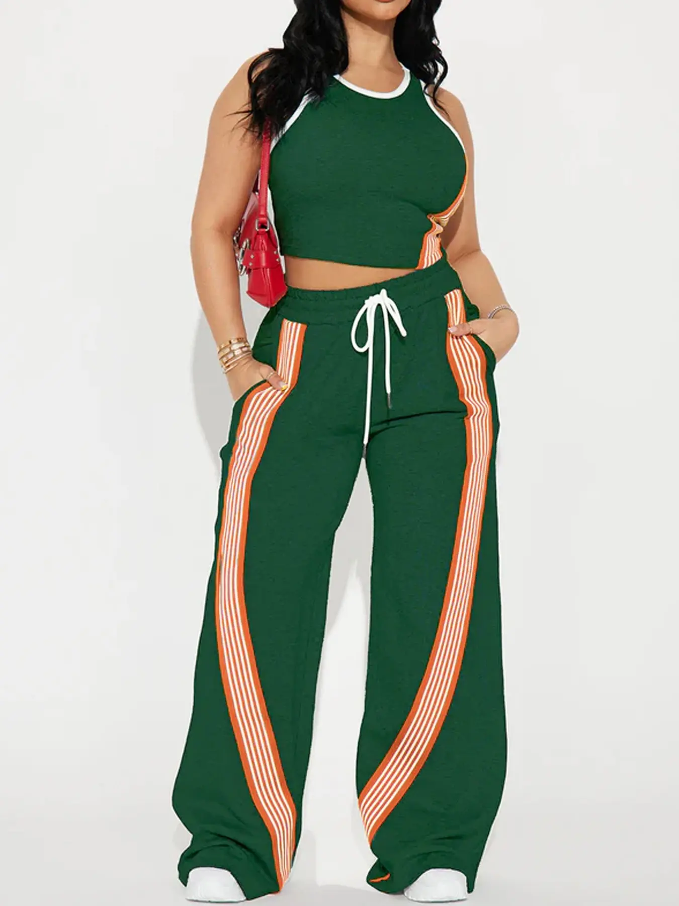 Women's High Waist Wide Leg Pants Set, Contrast Stripe Crop Tank Outfit, Casual Sportswear, Athleisure Outfits, Athleisure Sportswear Set, Athleisure Activewear Set