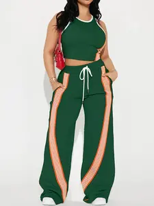 Women's High Waist Wide Leg Pants Set, Contrast Stripe Crop Tank Outfit, Casual Sportswear