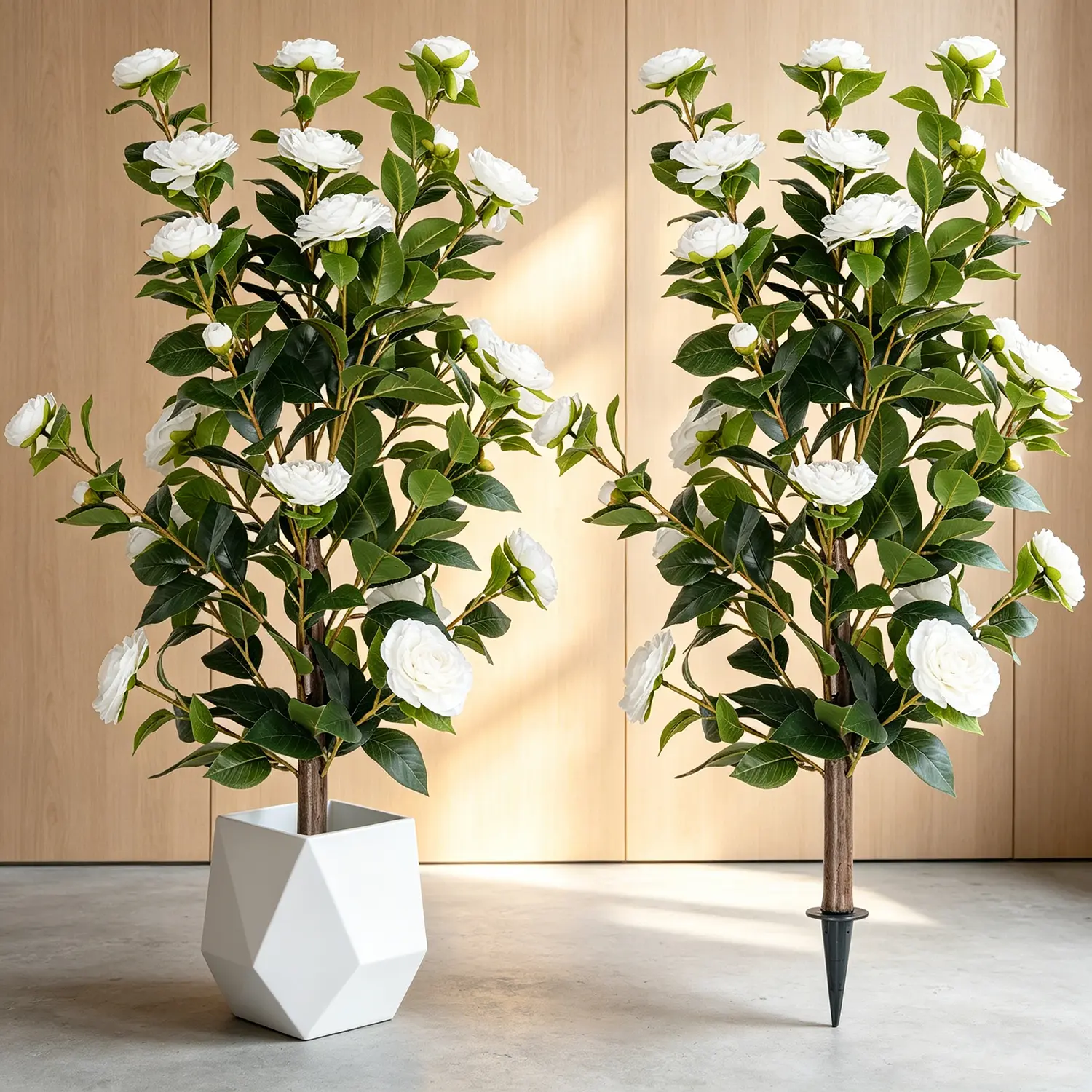 3FT Artificial Camellia Trees with Ground Stake, 2-Pack Faux Camellia Flower UV Resistant Fake Floral Blooming Bush for Indoor Outdoor Wedding Decoration, White