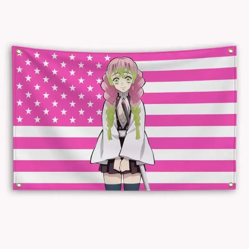 Demon Slayer Mitsuri Kanroji American Flag Tapestry - Durable Room Art, Bedroom & Outdoor Wall Decoration for Fans